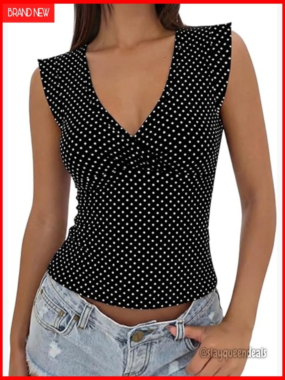 Polka Dot Wrap Deep V Neck Crop Tank Top Sleeveless Slim Fit Women's